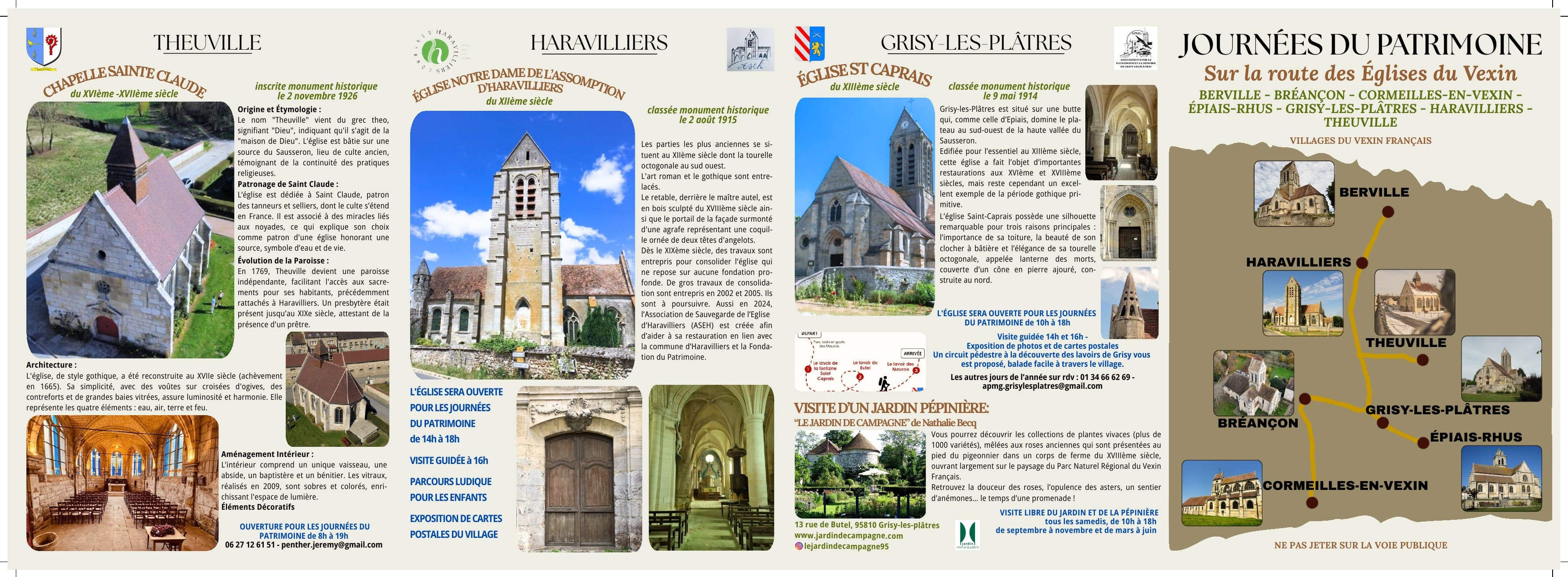 Volet du dépliant présentant les églises de Theuville, Haravilliers et Grisy-les-Plâtres, et la carte du circuit