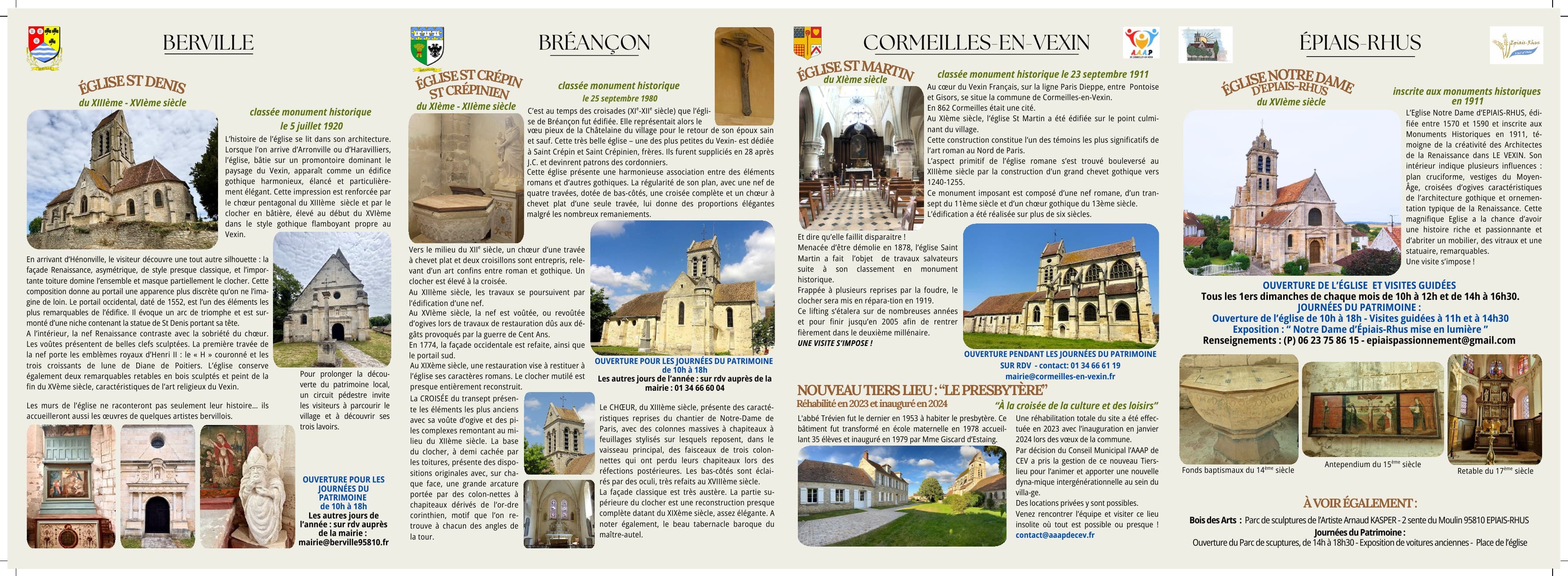 Volet du dépliant présentant les églises de Berville, Bréançon, Cormeilles-en-Vexin et Épiais-Rhus